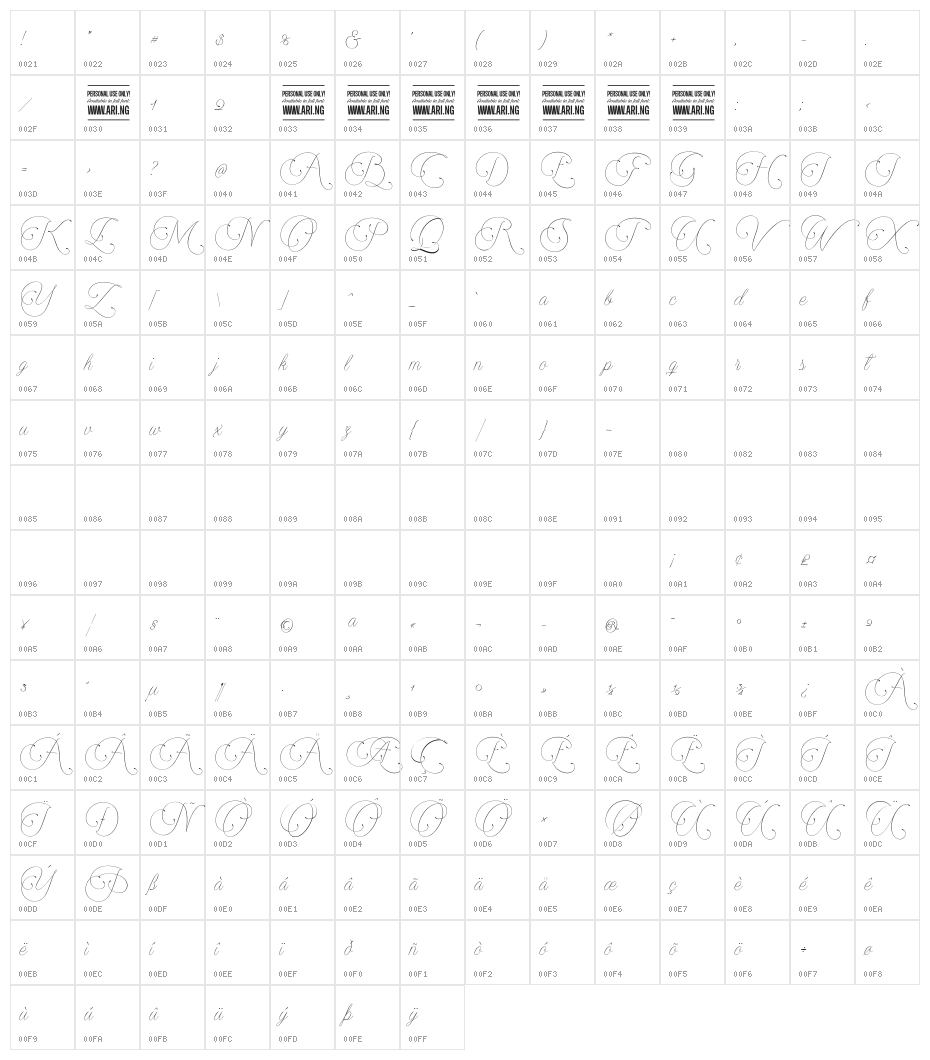 Encina Script 1 PERSONAL USE Character Map