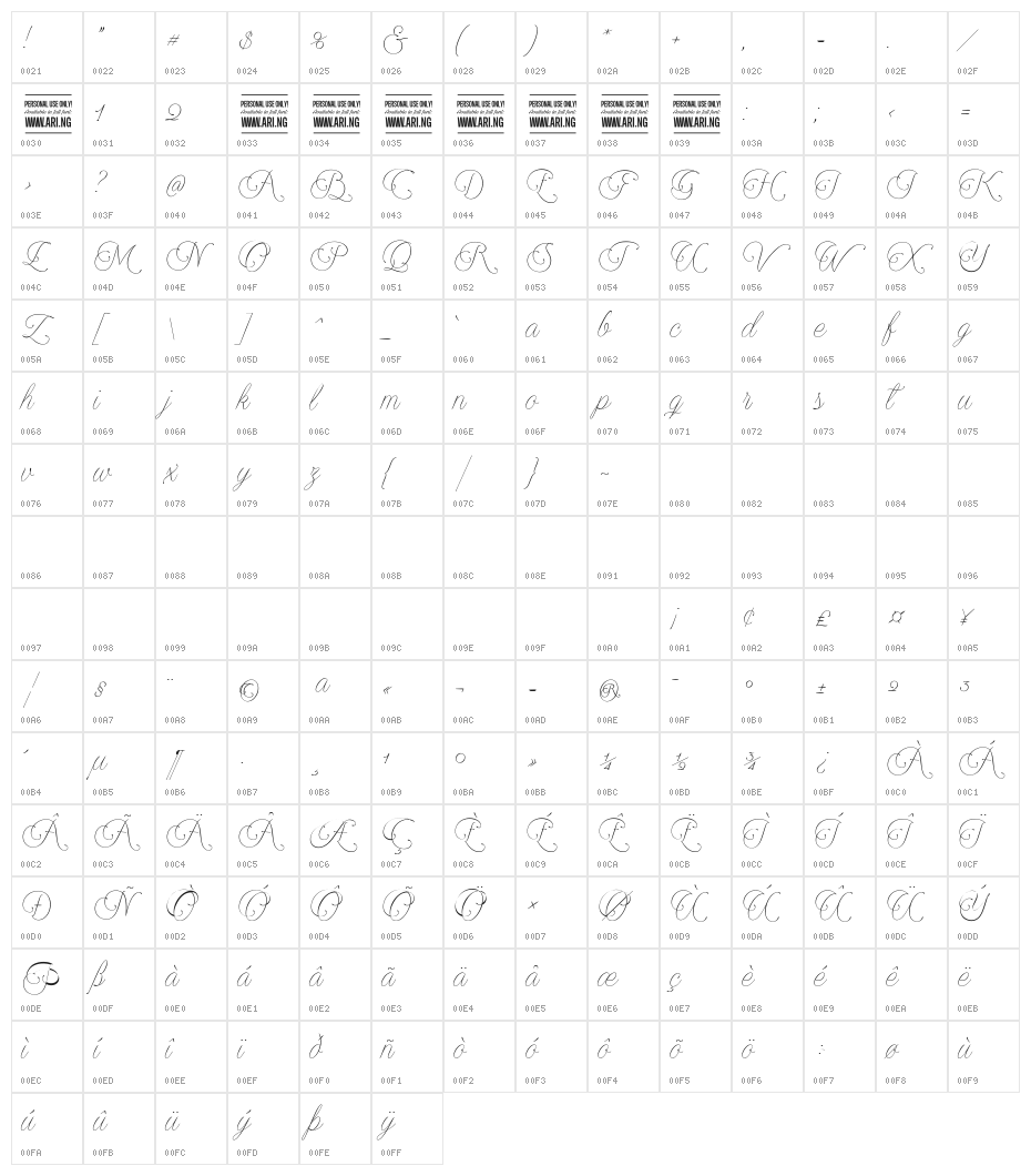 Encina Script 2 PERSONAL USE Character Map
