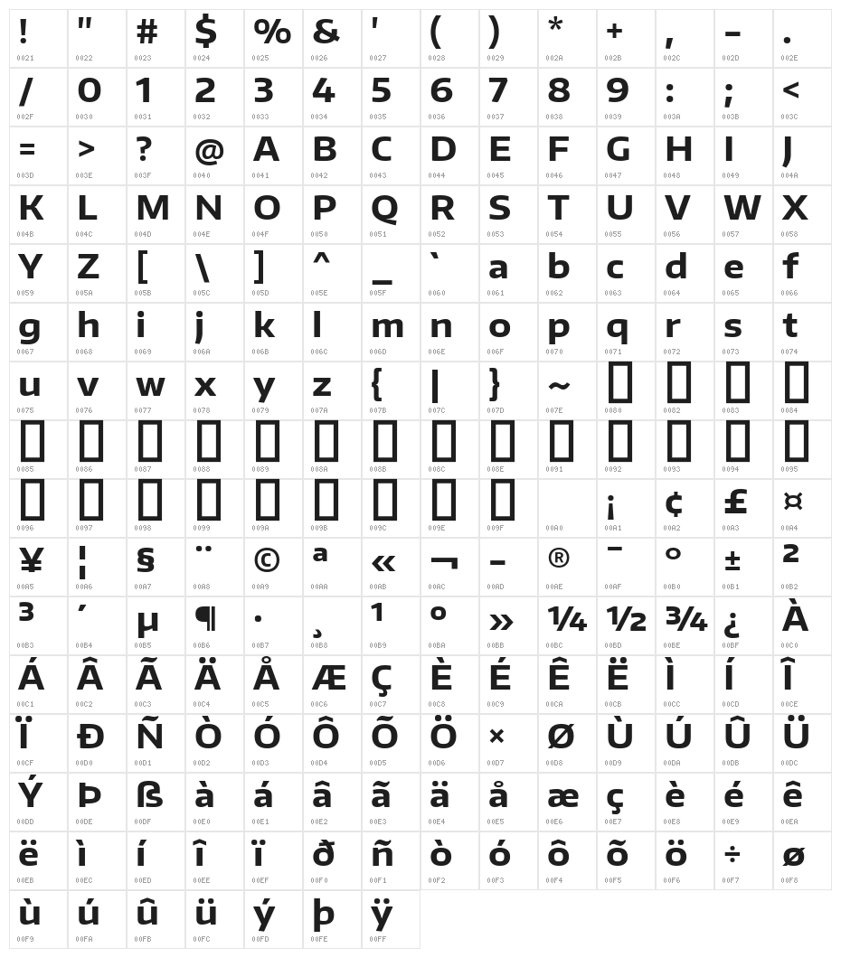 Encode Sans Wide Bold Character Map