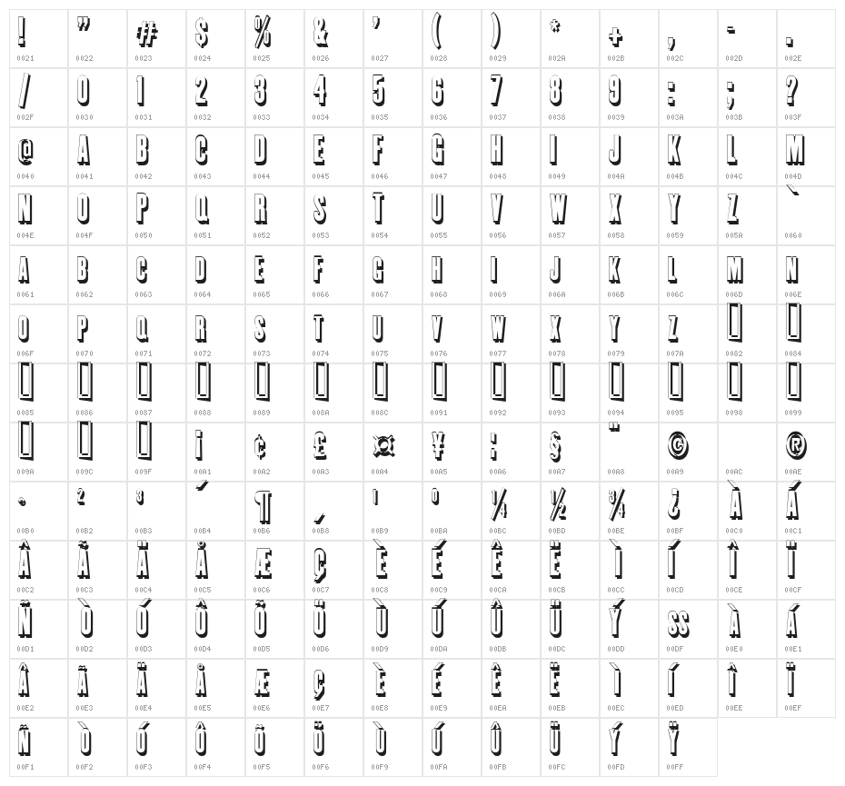 Enge Holzschrift Shadow Character Map