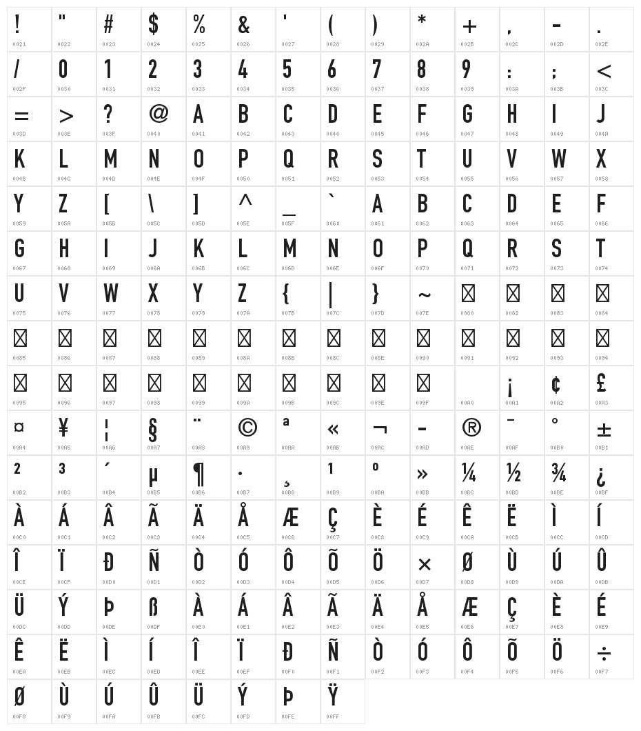Engschrift Caps Character Map