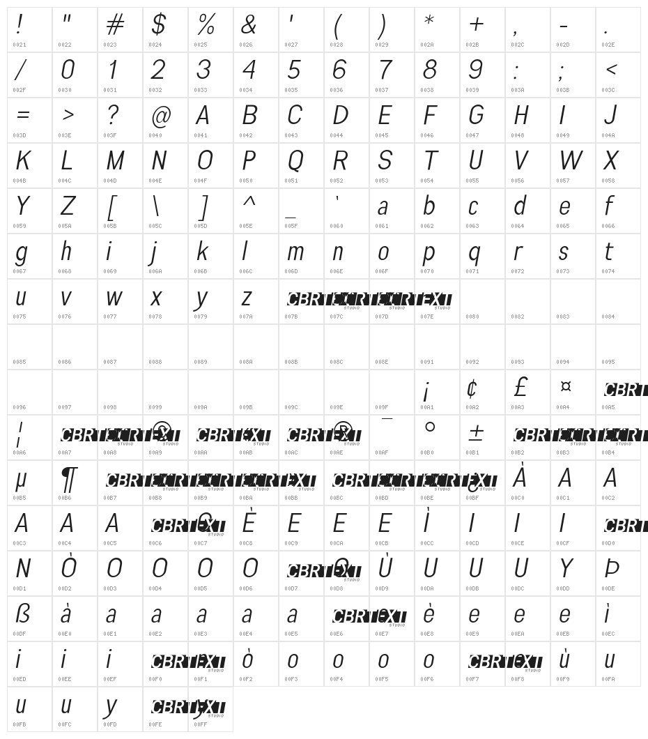 Engula Italic Character Map