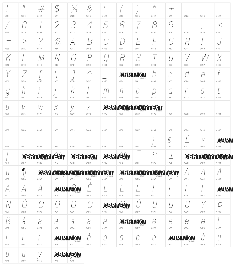 Engula Thin Italic Character Map