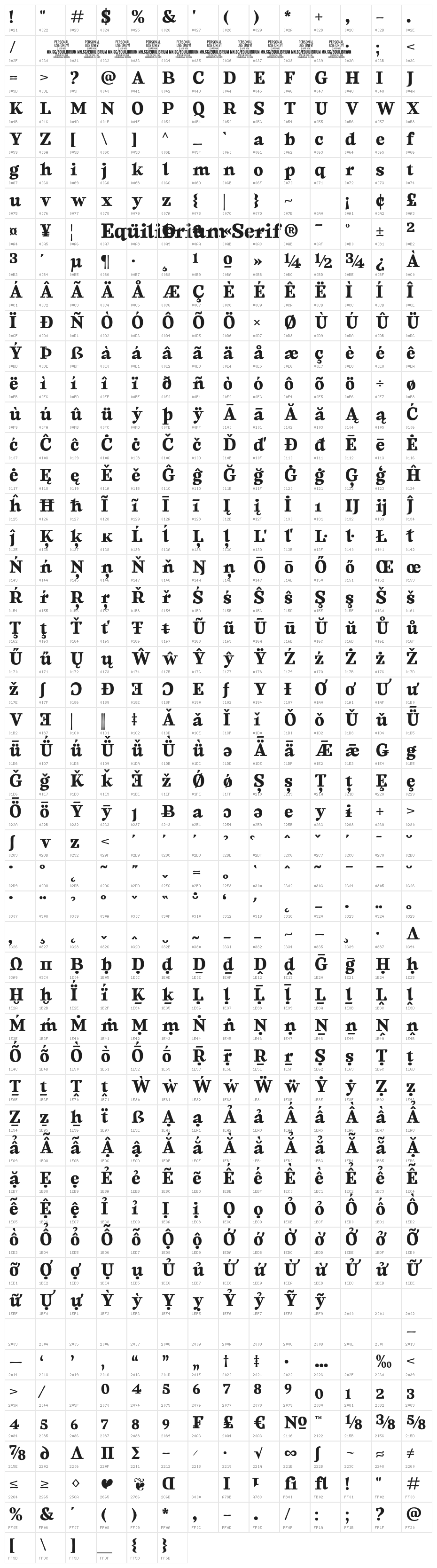 Equilibrium Serif PERSONAL USE Regular Character Map