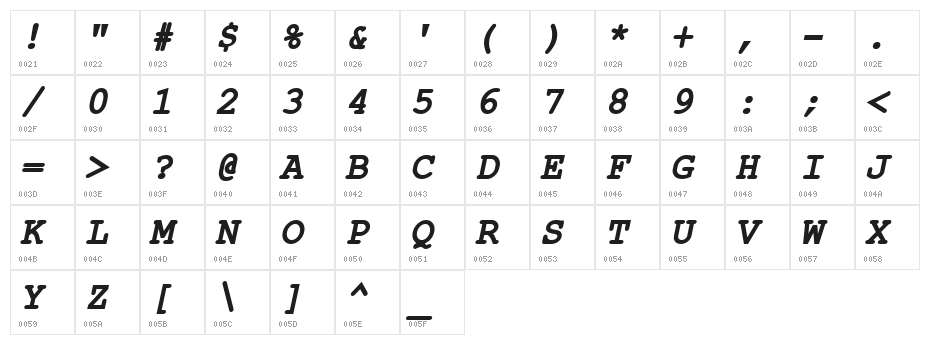 ER Kurier 1251 Bold Italic Character Map