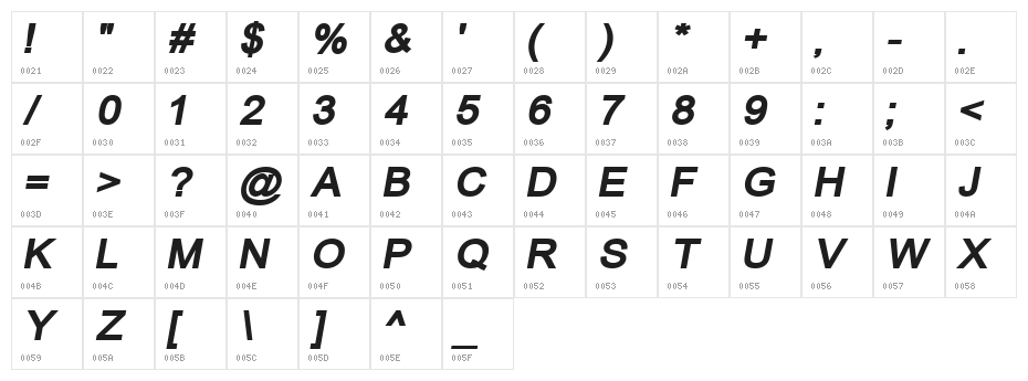 ER Univers 866 Bold Italic Character Map