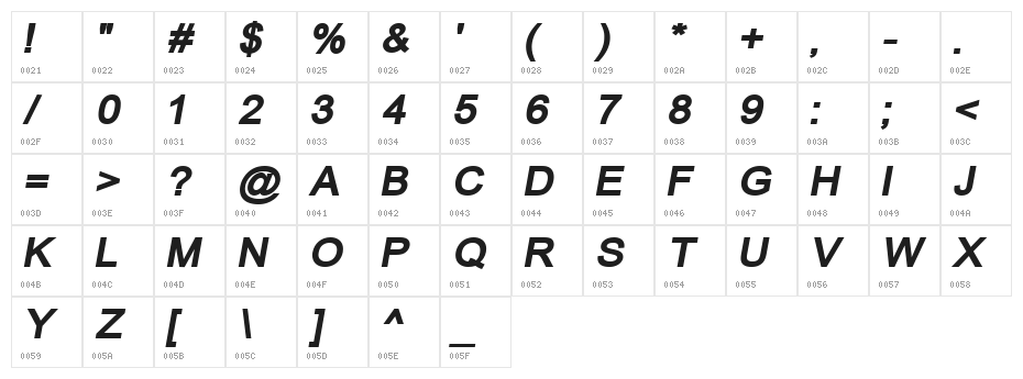 ER Univers KOI-8 Bold Italic Character Map
