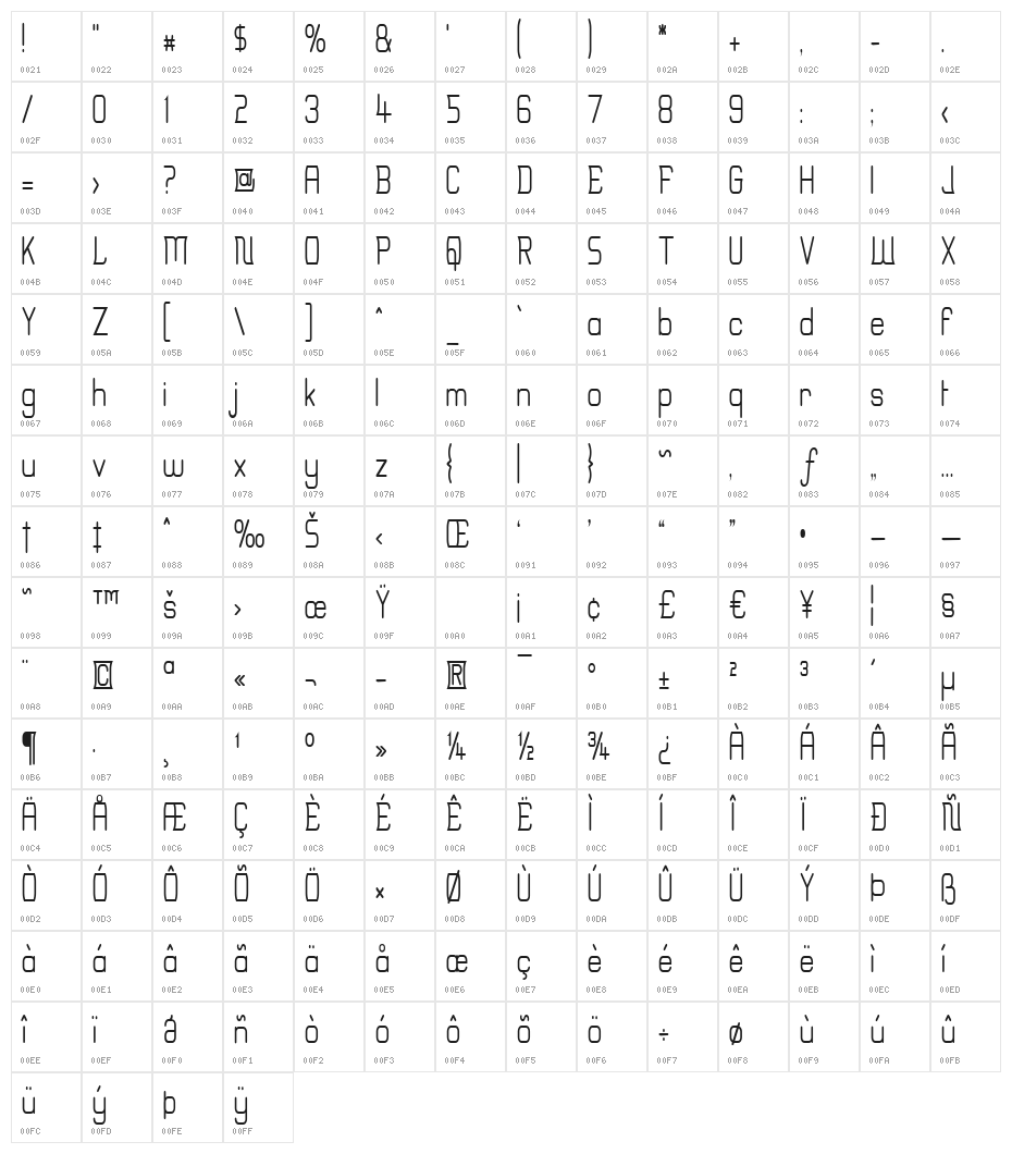 Erinal Narrow Character Map