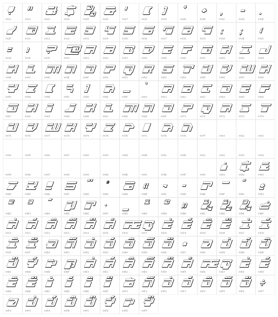 Escape Velocity 3D Italic Character Map