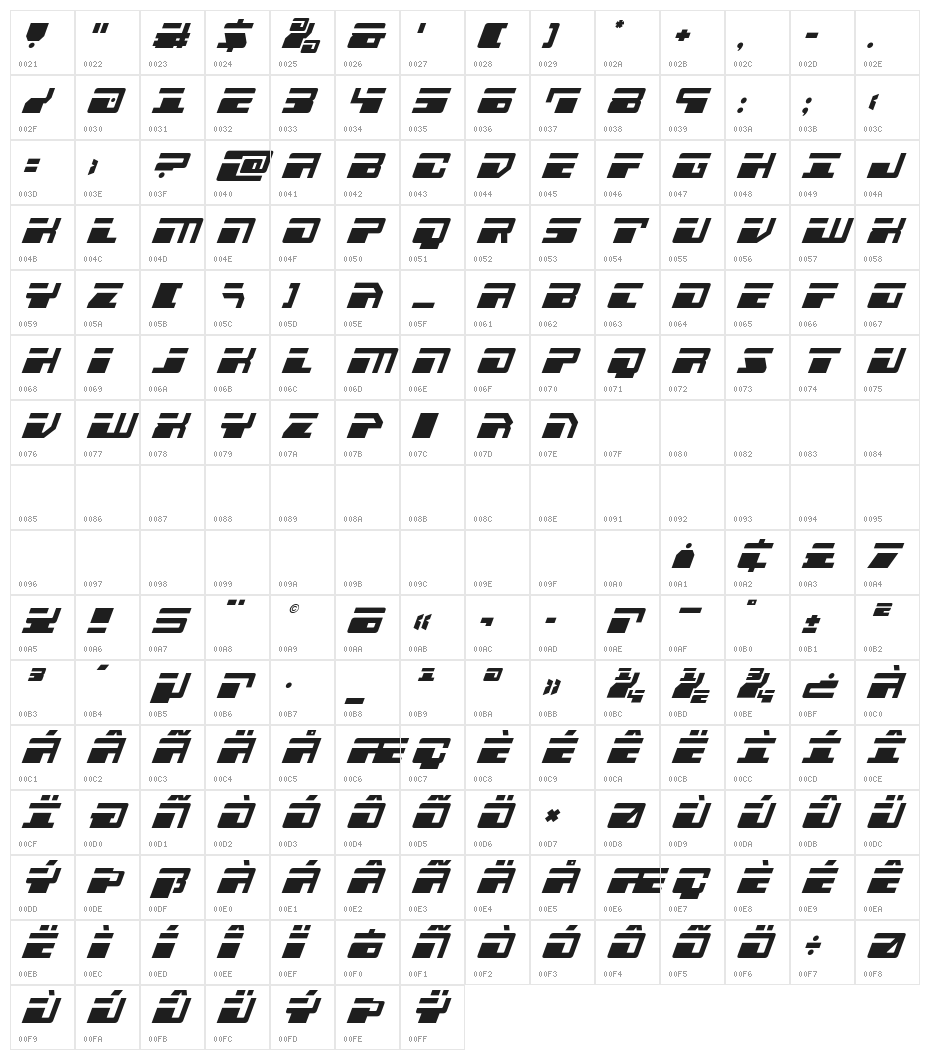 Escape Velocity Compact Italic Character Map
