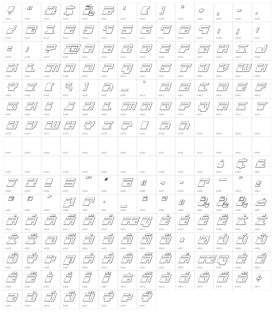 Escape Velocity Outline Italic Character Map