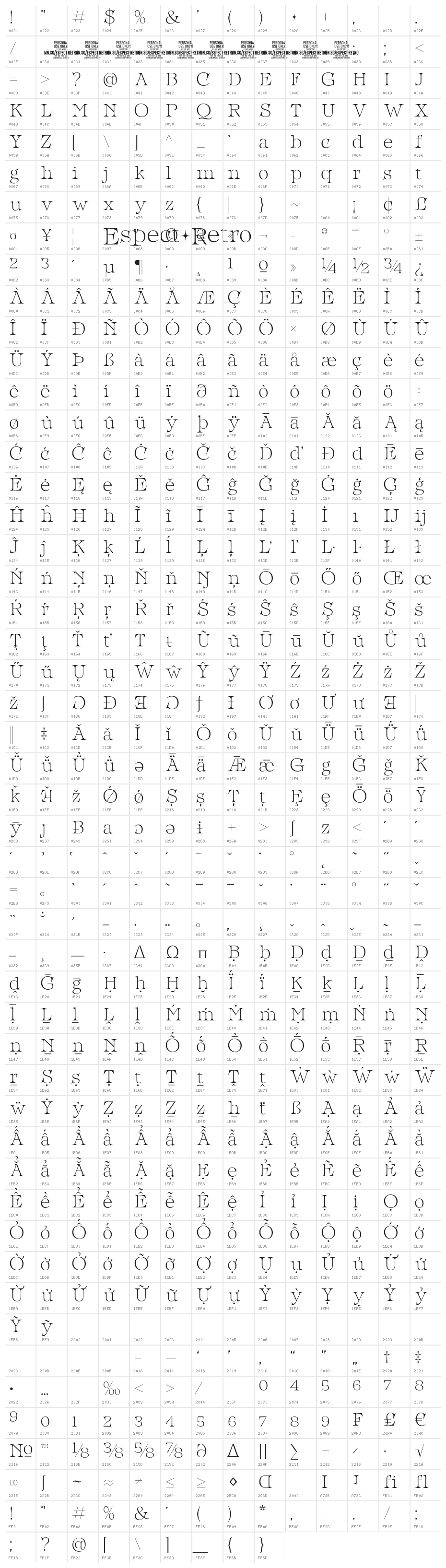 Espect Retro PERSONAL USE Regular Character Map