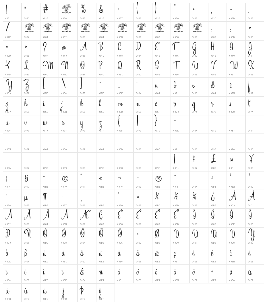 Esplanade Script PERSONAL USE Character Map