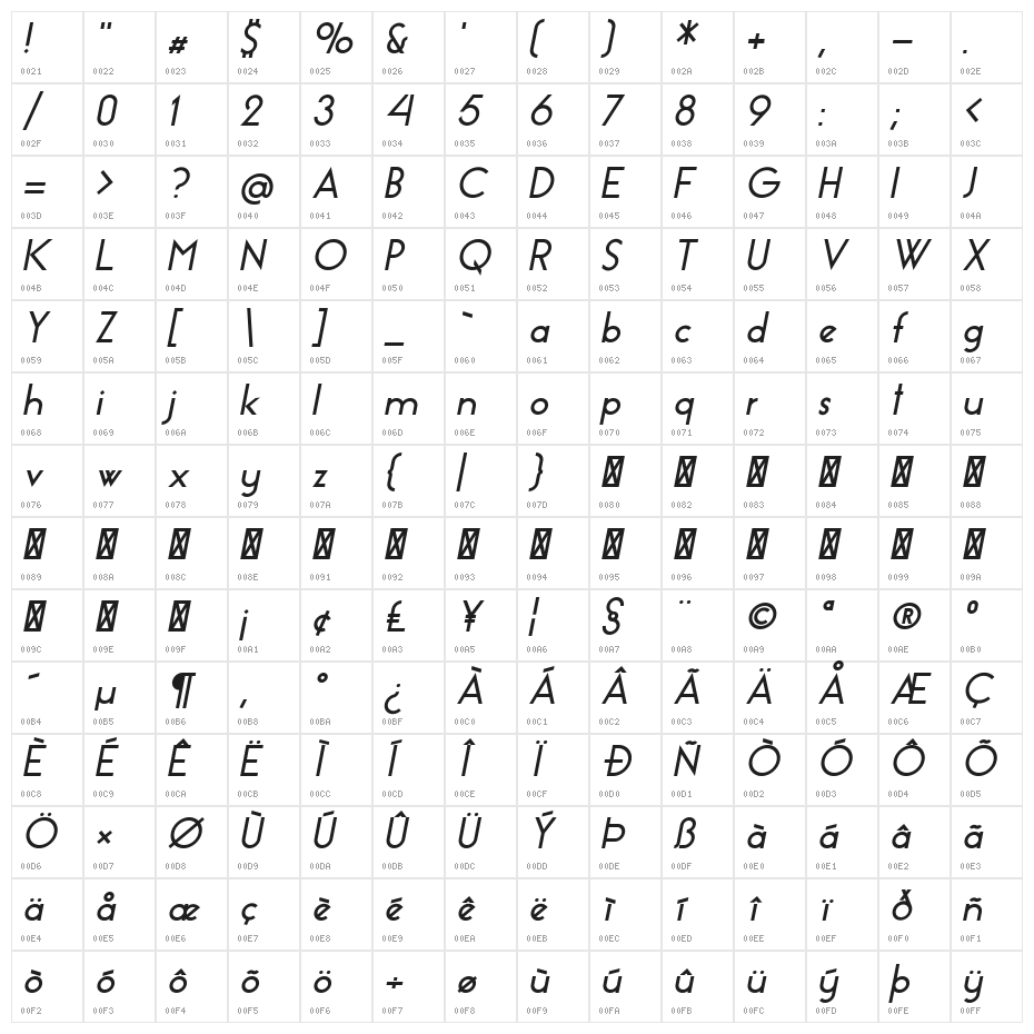 EssenceSans-BoldItalic Character Map