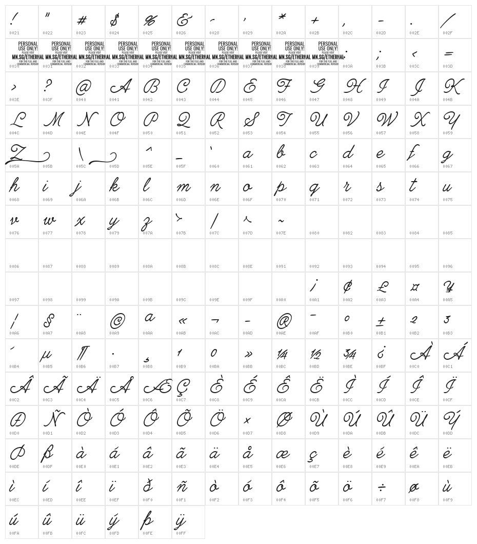 Ethernal Light PERSONAL USE Character Map