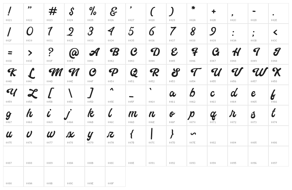 Eunila Script Free Personal Use Regular Character Map