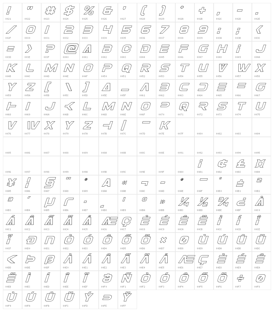 Eurofighter Outline Italic Character Map
