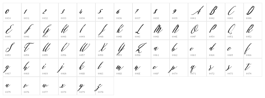 Evelyne Script Character Map