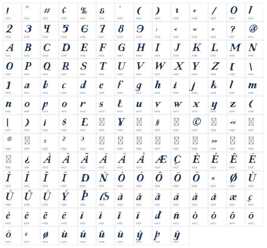 Evoke Italic Character Map