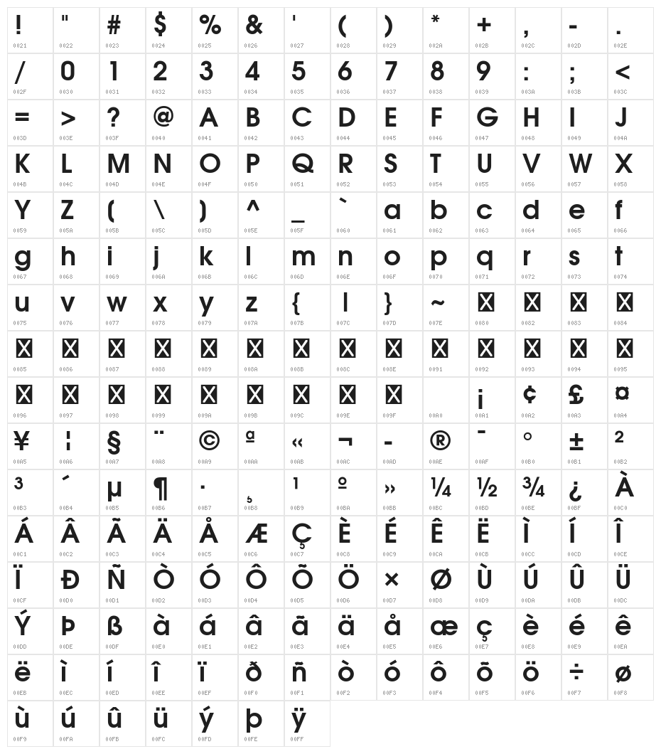 Evolventa Bold Character Map