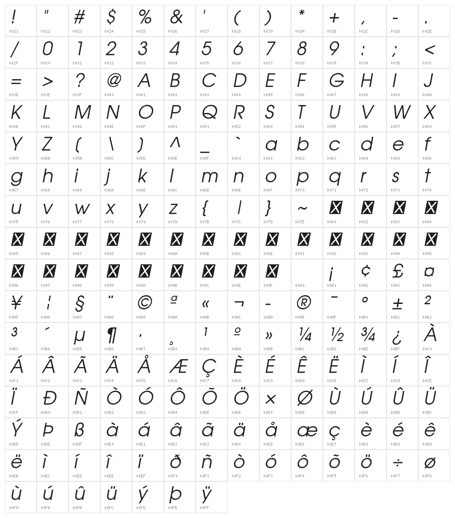 Evolventa Oblique Character Map