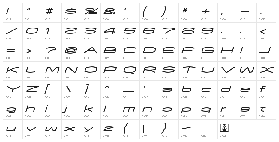 EXCEED Medium Oblique Character Map