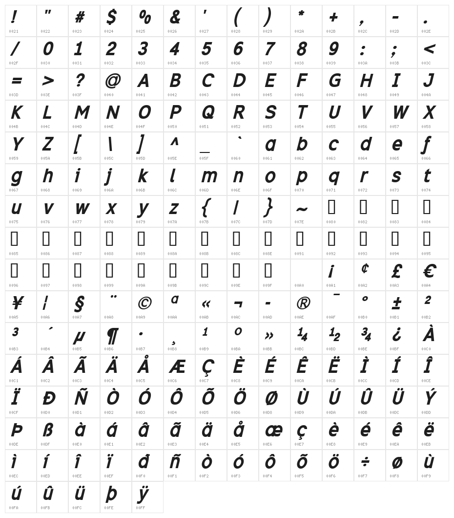 Excite Bold Italic Character Map