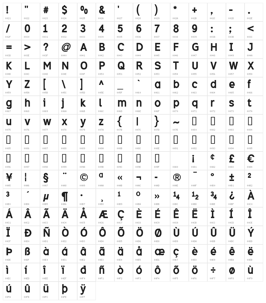 Excite Bold Character Map