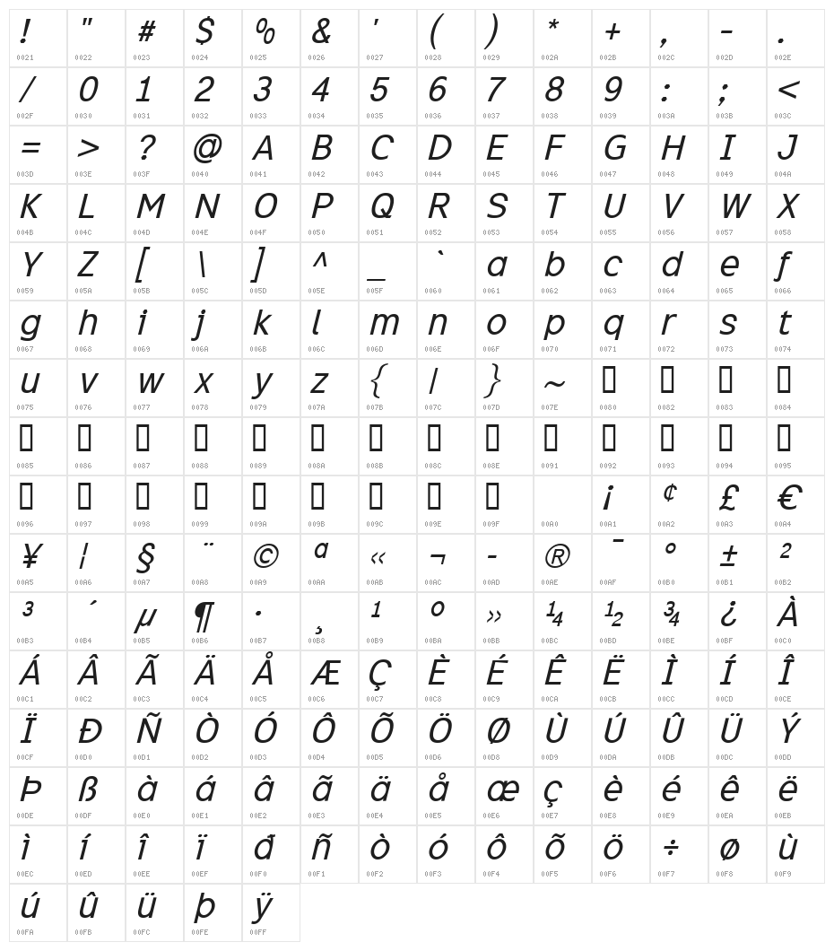 Excite Italic Character Map