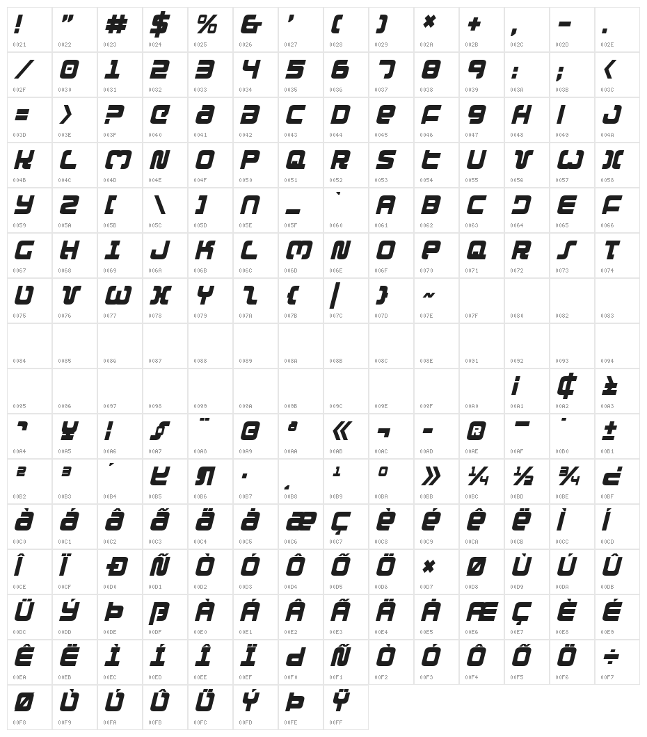 Exedore Condensed Italic Character Map