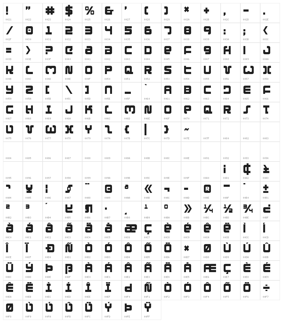 Exedore Condensed Character Map
