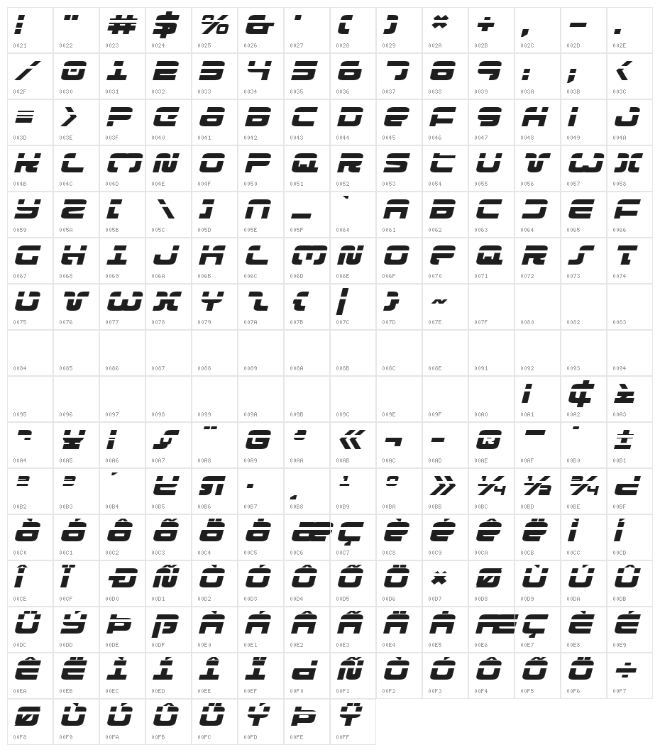 Exedore Laser Exp Italic Character Map