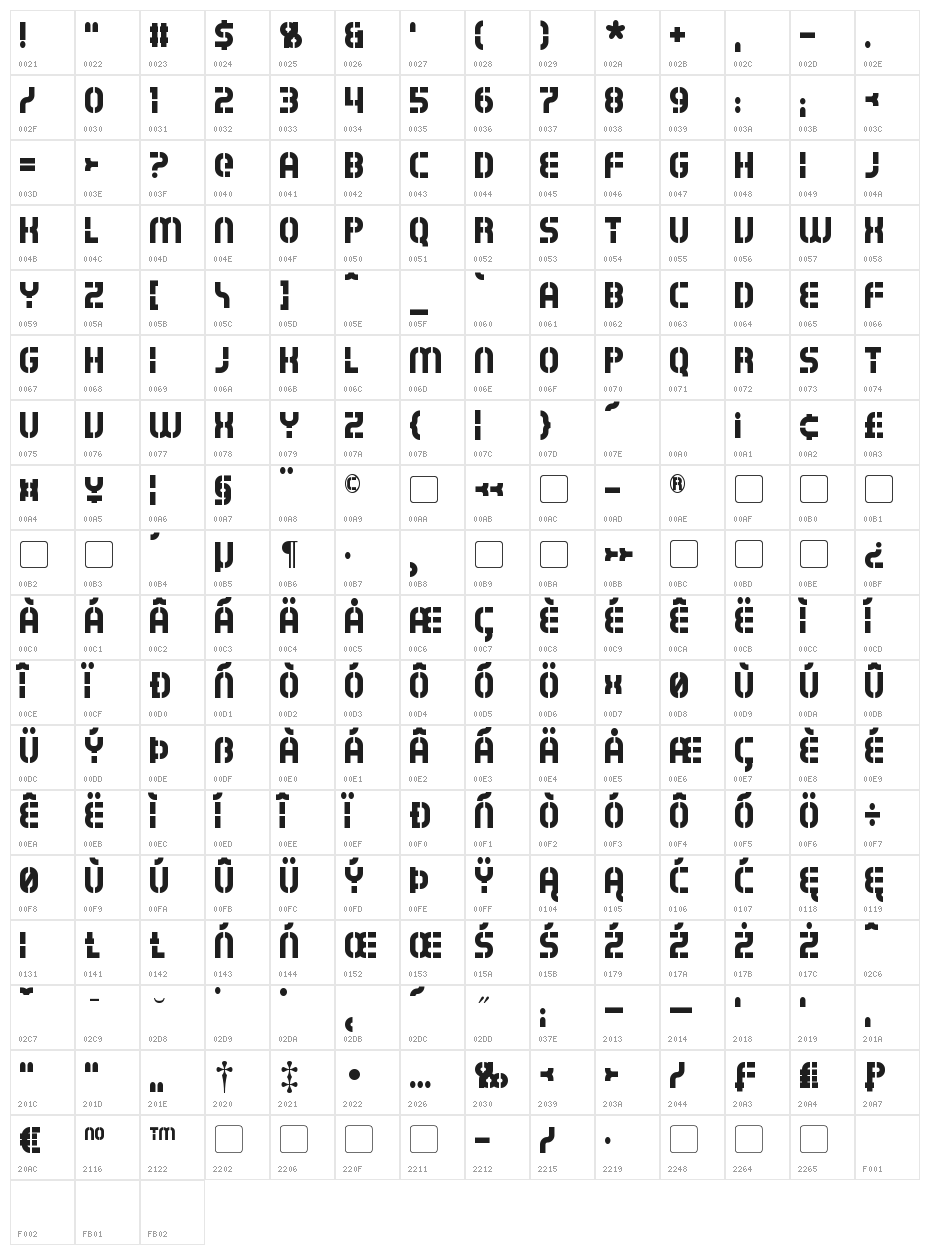 Exostencil Character Map