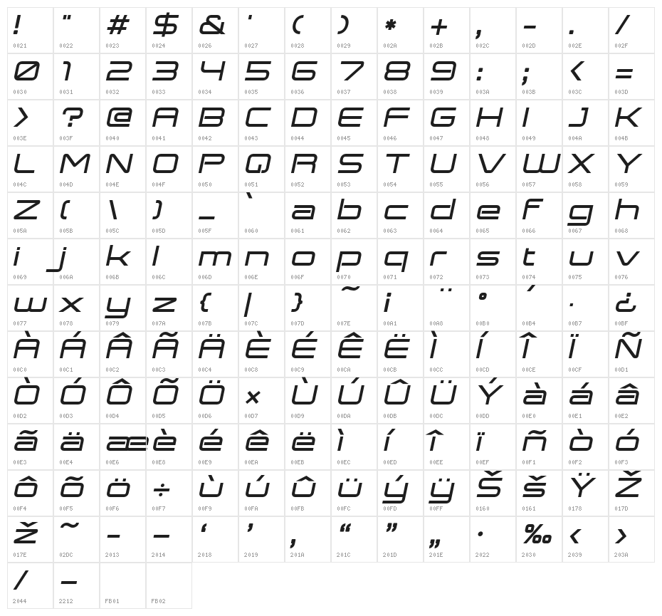 Expansiva-BoldItalic Character Map
