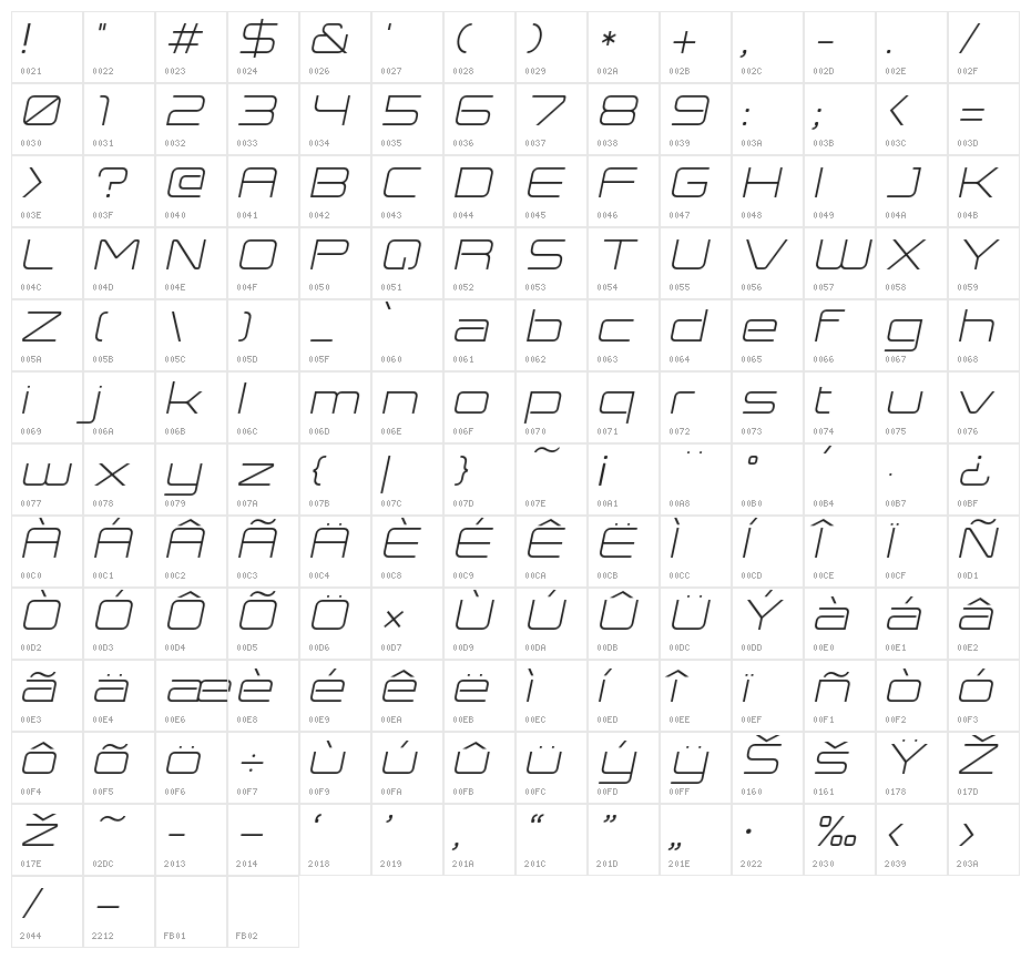 Expansiva-Italic Character Map