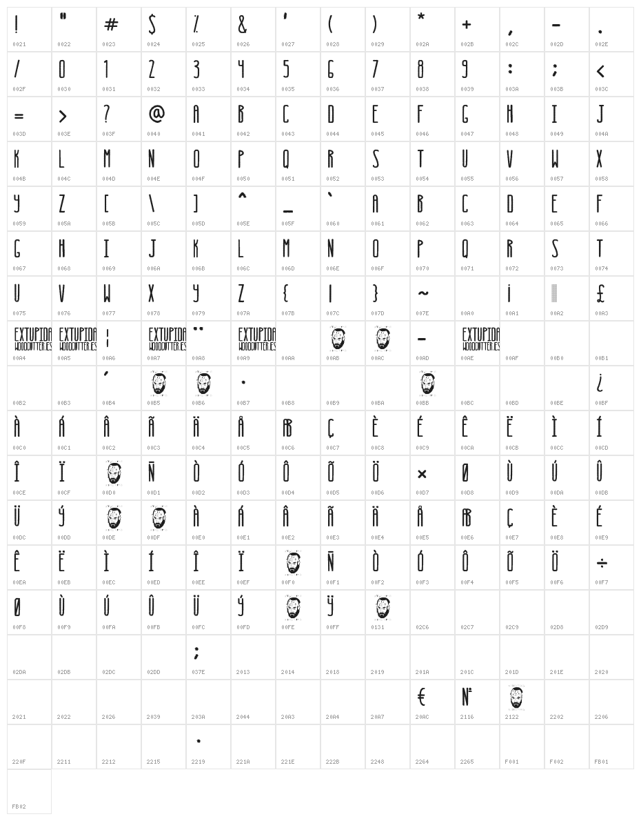 Extupida Character Map