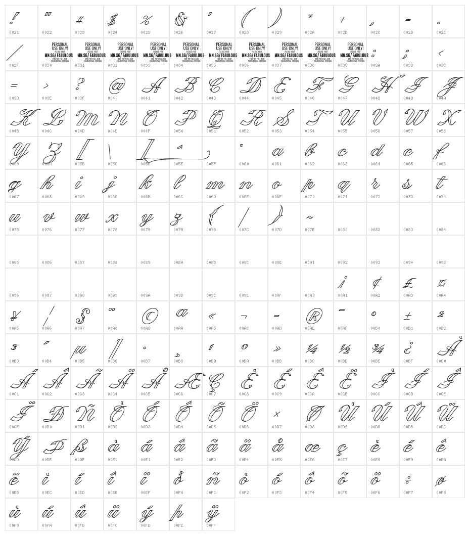 Fabulous Outline PERSONAL USE Character Map
