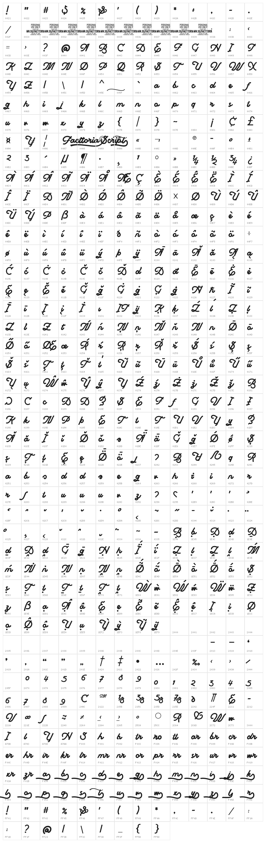 Facttoria Script PERSONAL USE Regular Character Map