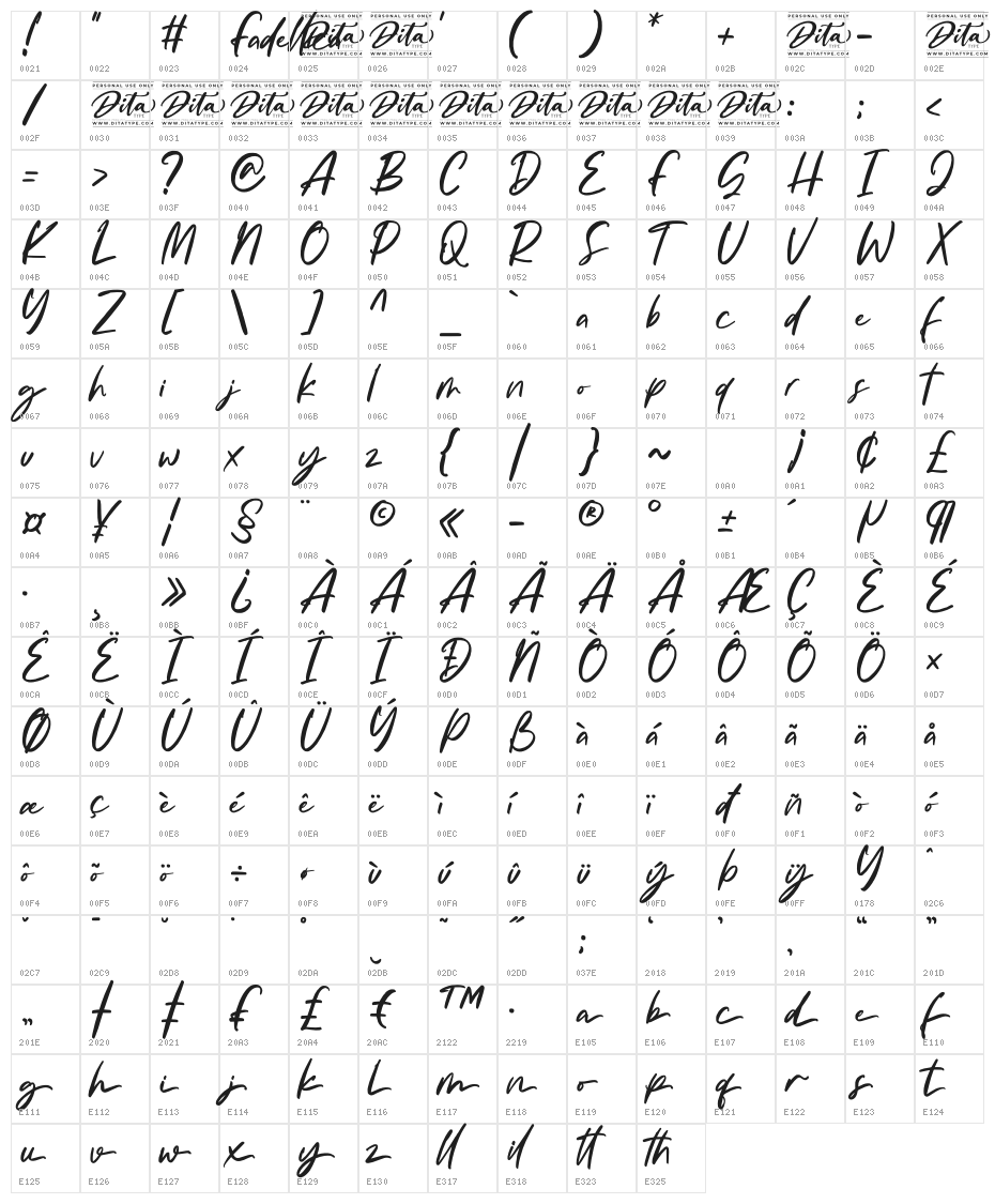 Fadellica Personal Use Character Map