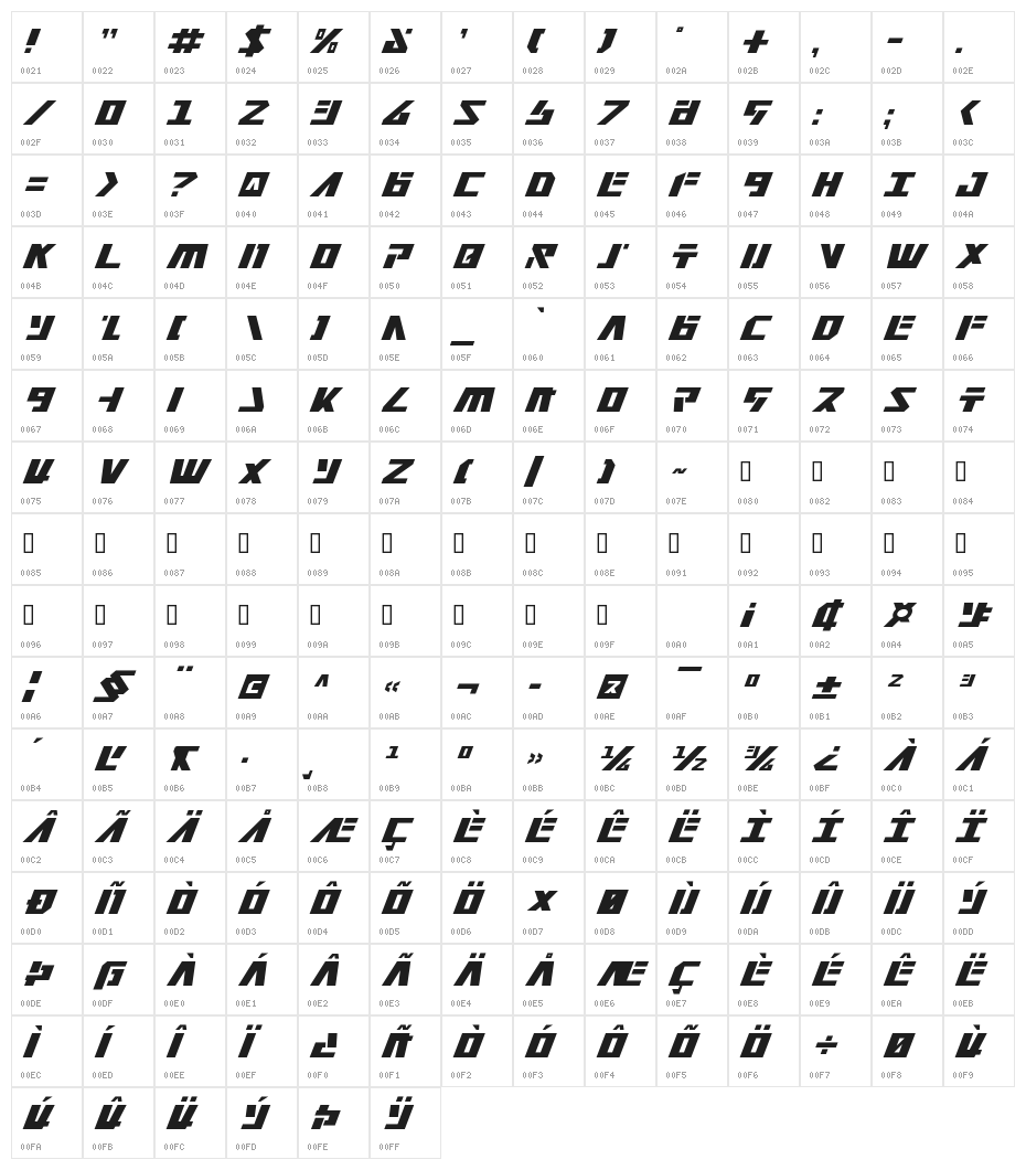 Falconhead Italic Character Map