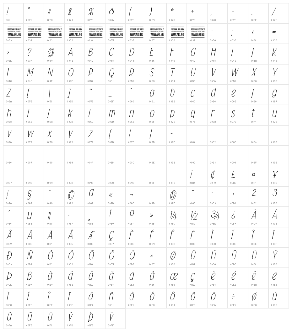 Falkin Sans Italic PERSONAL Character Map
