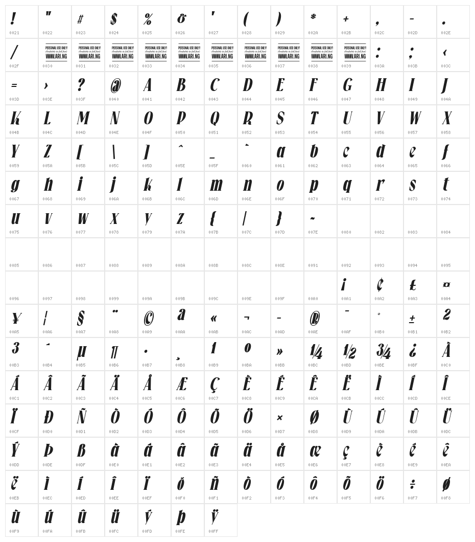 Falkin Serif Bold Ital PERSONAL Character Map