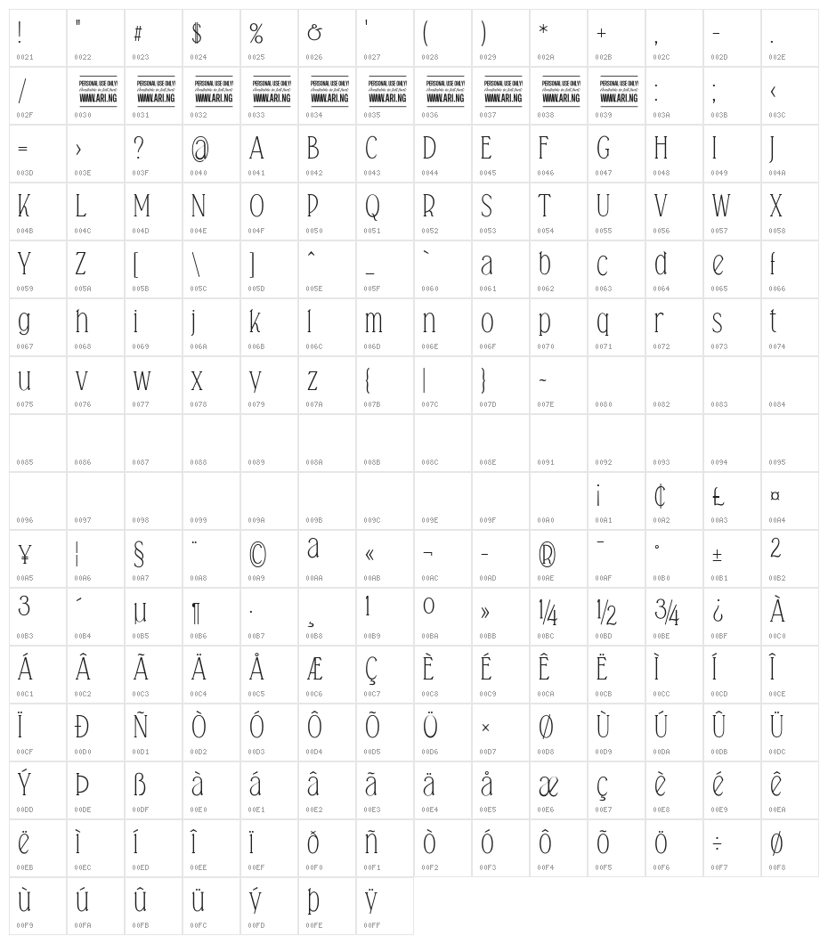 Falkin Serif PERSONAL Character Map