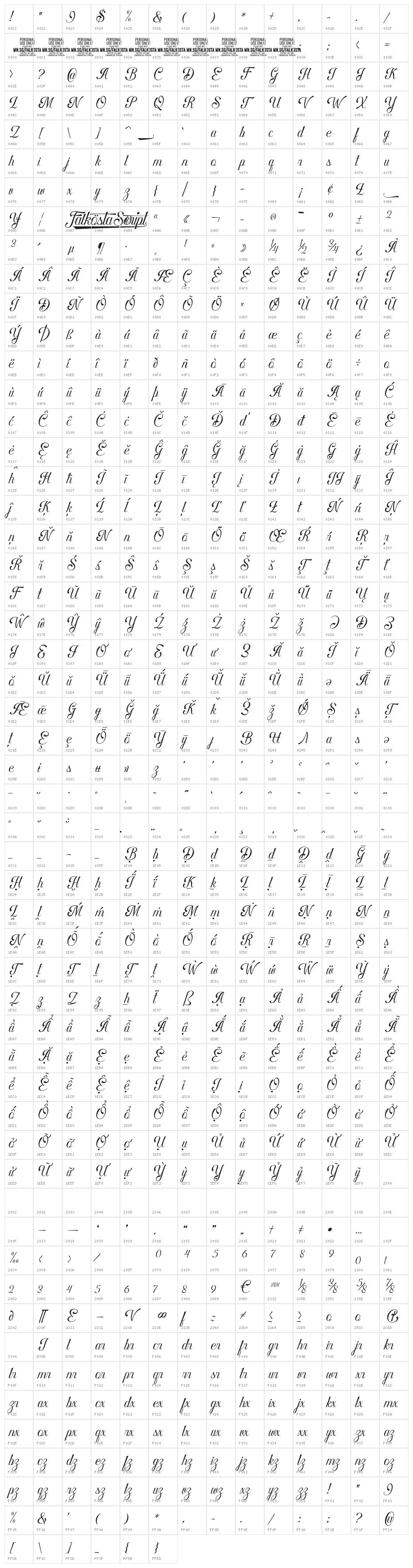 Falkosta Script PERSONAL USE Regular Character Map