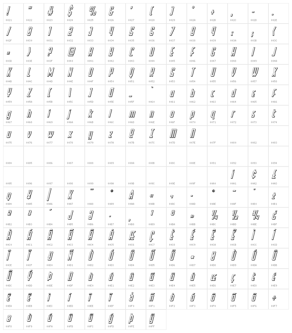 Falzon 3D Italic Character Map