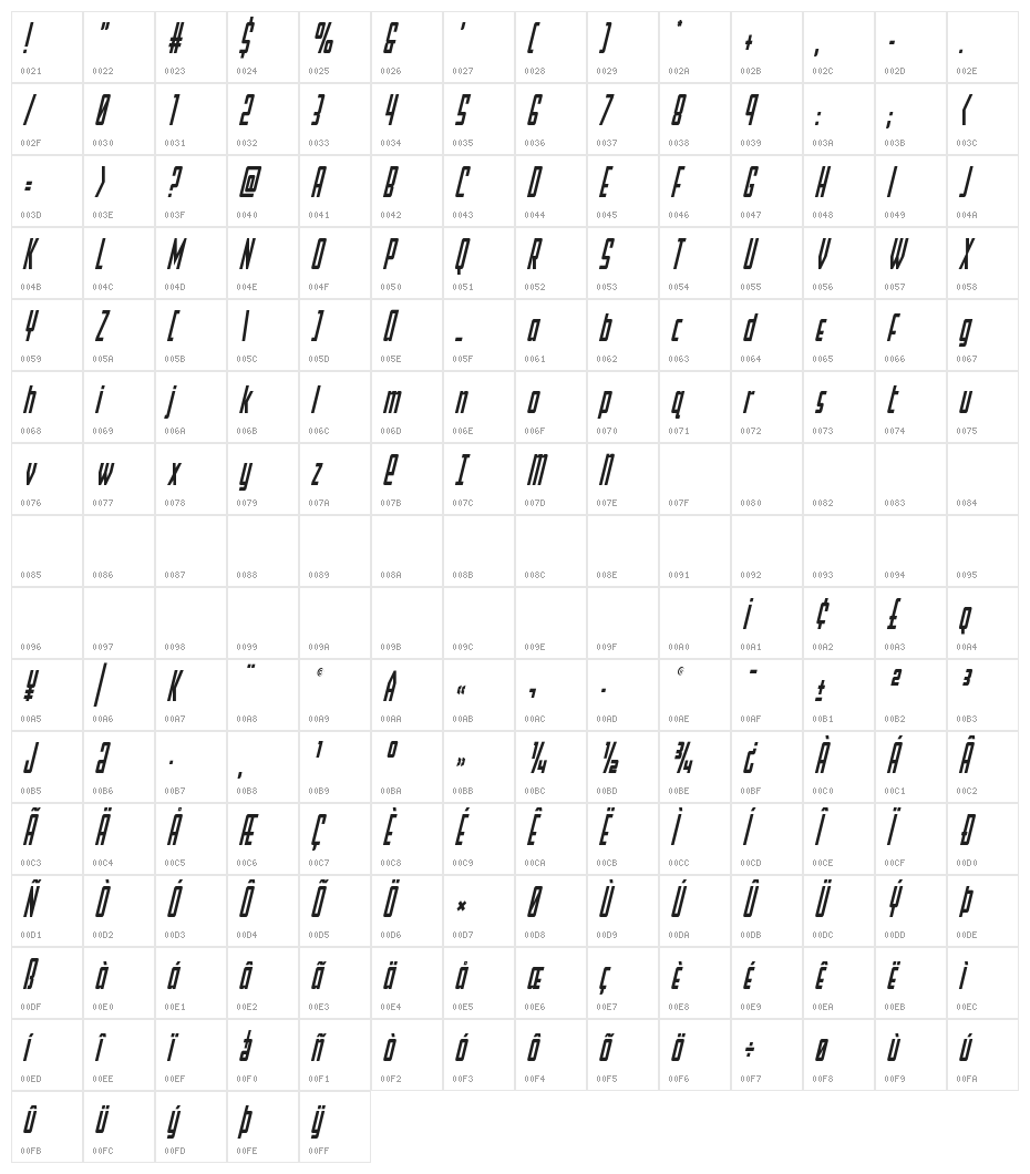 Falzon Condensed Italic Character Map