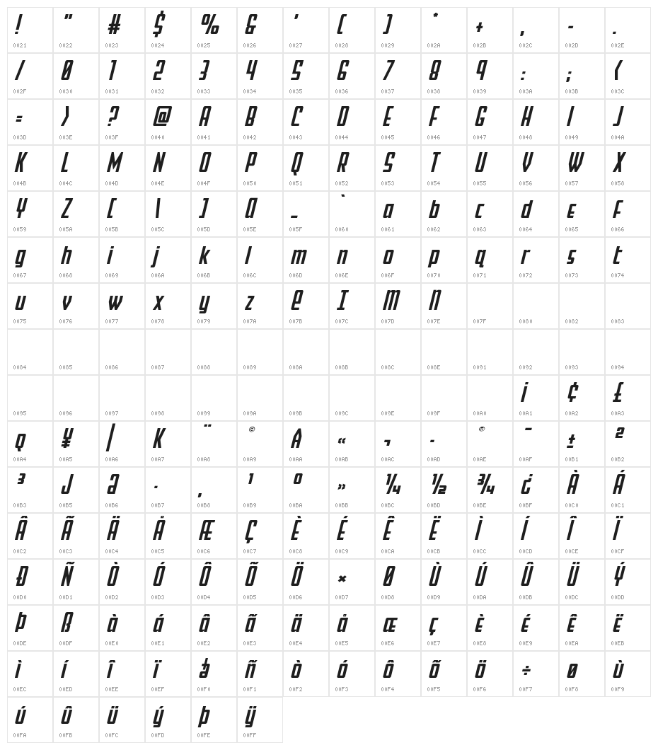 Falzon Expanded Italic Character Map