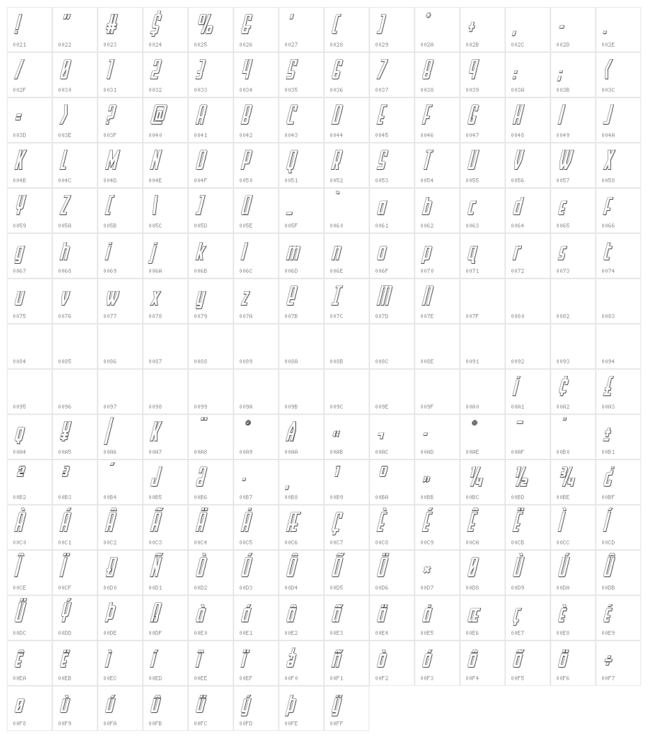 Falzon Outline Italic Character Map