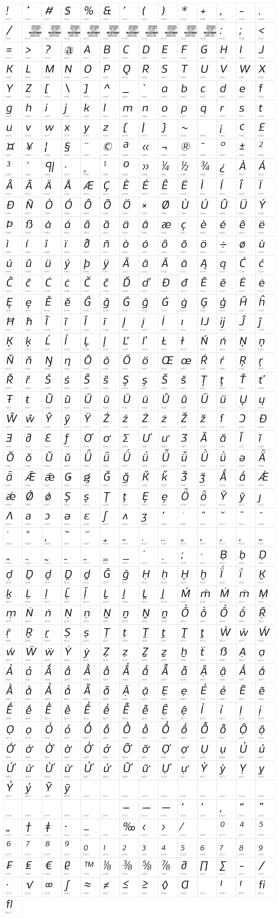 Famiar PERSONAL USE ONLY Regular Italic Character Map