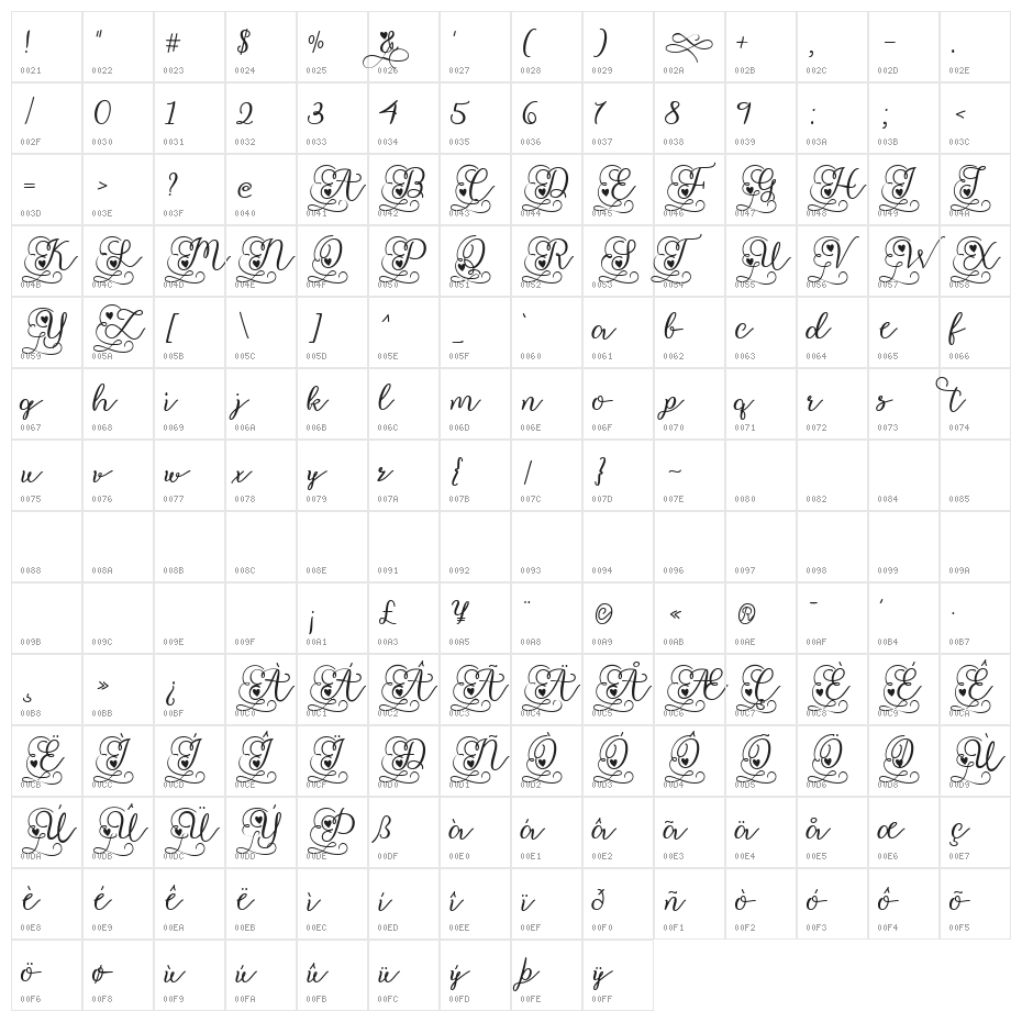 Fancy Valentine Character Map